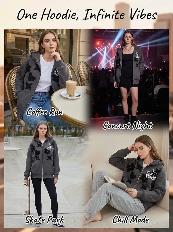 Women Retro Embroidery Hoodies Autumn Winter Zip Up Long Sleeve Loose Jacket Coats Y2k Harajuku Casual P - Matrix Studios