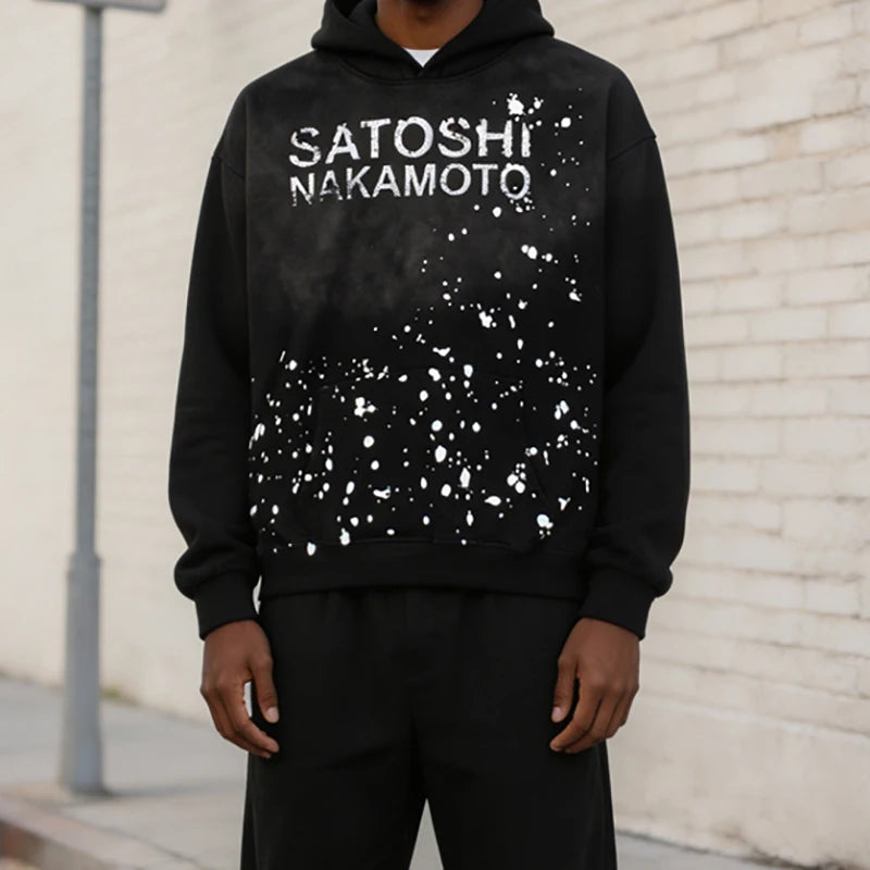 American High Street SATOSHI Hoodie Ink-sprayed Classic Retro Letter Print Washed Pullover Vintage Y2K Men Women Sweatshirts - Matrix-studios.com