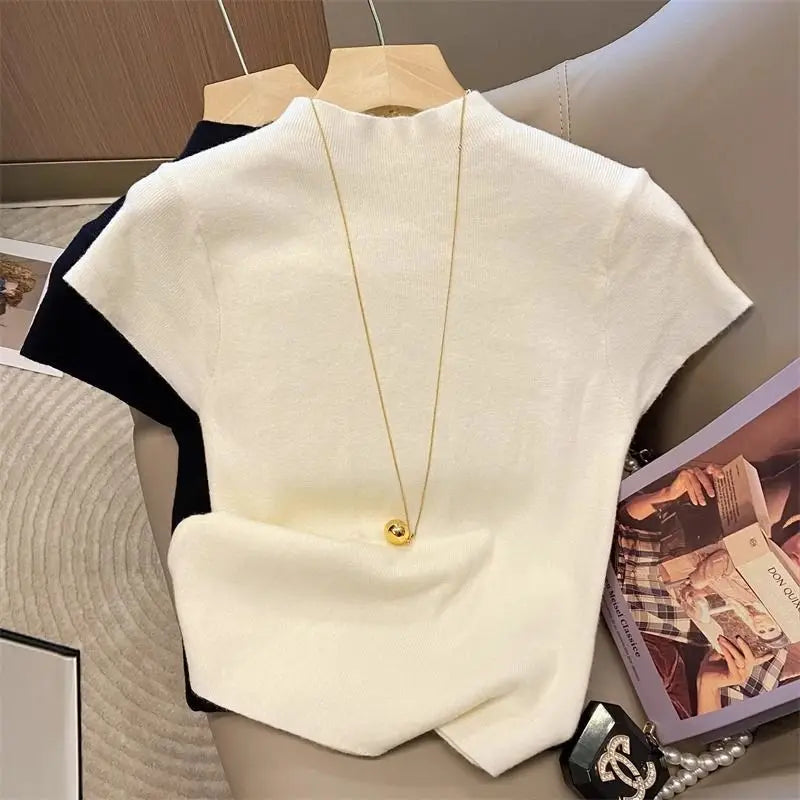 Basic Turtleneck Solid Thin Summer 2026 Pullover Women Female Knitted Sweater Slim Short Sleeve Bodycon Sweater - Matrix Studios
