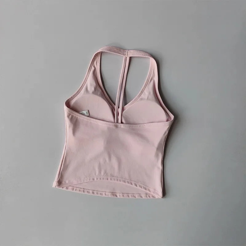 Women's Sexy V-Neck Fitness Bra Nude Sports Bra Hanging Neck Yoga Suit Vest Comfortable Breathable Gym Top for Active Wear - Matrix Studios