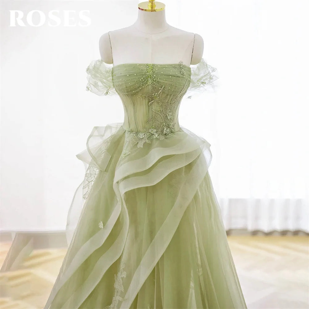ROSES Sage Green Prom Dress Appliques Tulle Celebrity Dresses Tiered Pleat Women's Evening Dress Sweetheart Formal Gown 프롬 드 - Matrix-studios.com