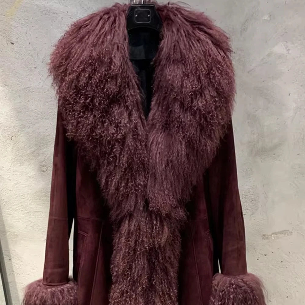 Suede Coat Fur Collar Women Autumn Genuine Sheepskin Coat Long with Mongfolian Fur Trim - Matrix Studios