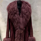 Suede Coat Fur Collar Women Autumn Genuine Sheepskin Coat Long with Mongfolian Fur Trim - Matrix Studios