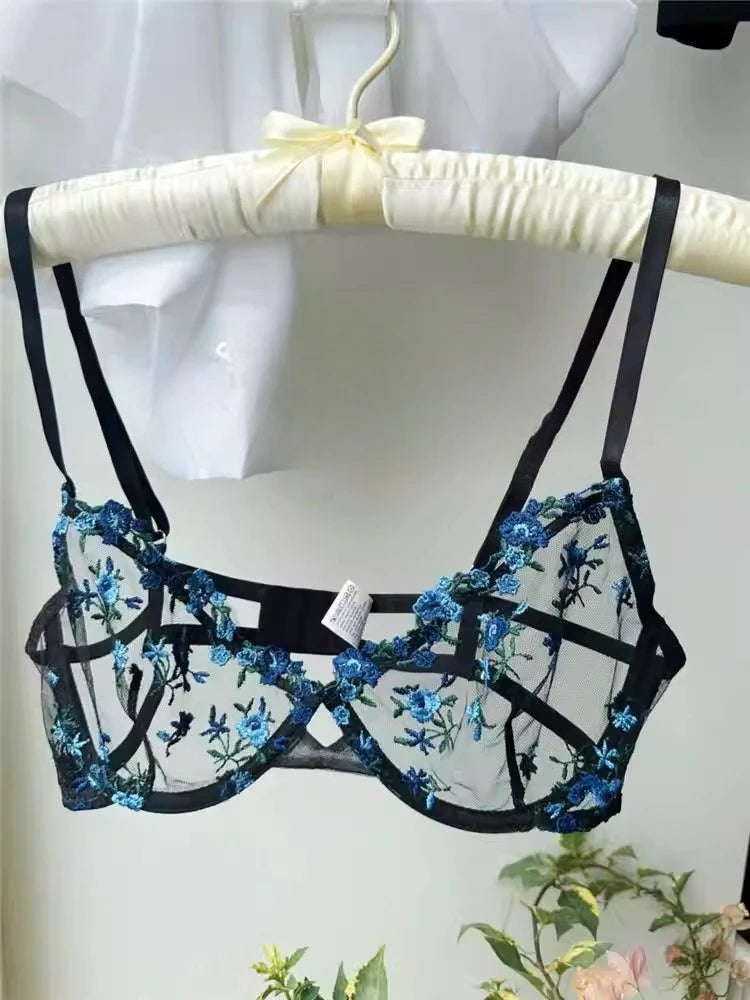 YUQI French Elegant Lingerie Set-Floral Embroidery Semi-Transparent Bra & Brief,Black Sensual Women's Underwear Luxury Intimates - Matrix-studios.com