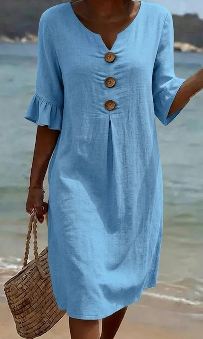 2026 Amazon European and American Cross-Border Spring and Summer New Cotton and Linen V-Neck Dress with Large Buttons and Ruffle - Matrix-studios.com