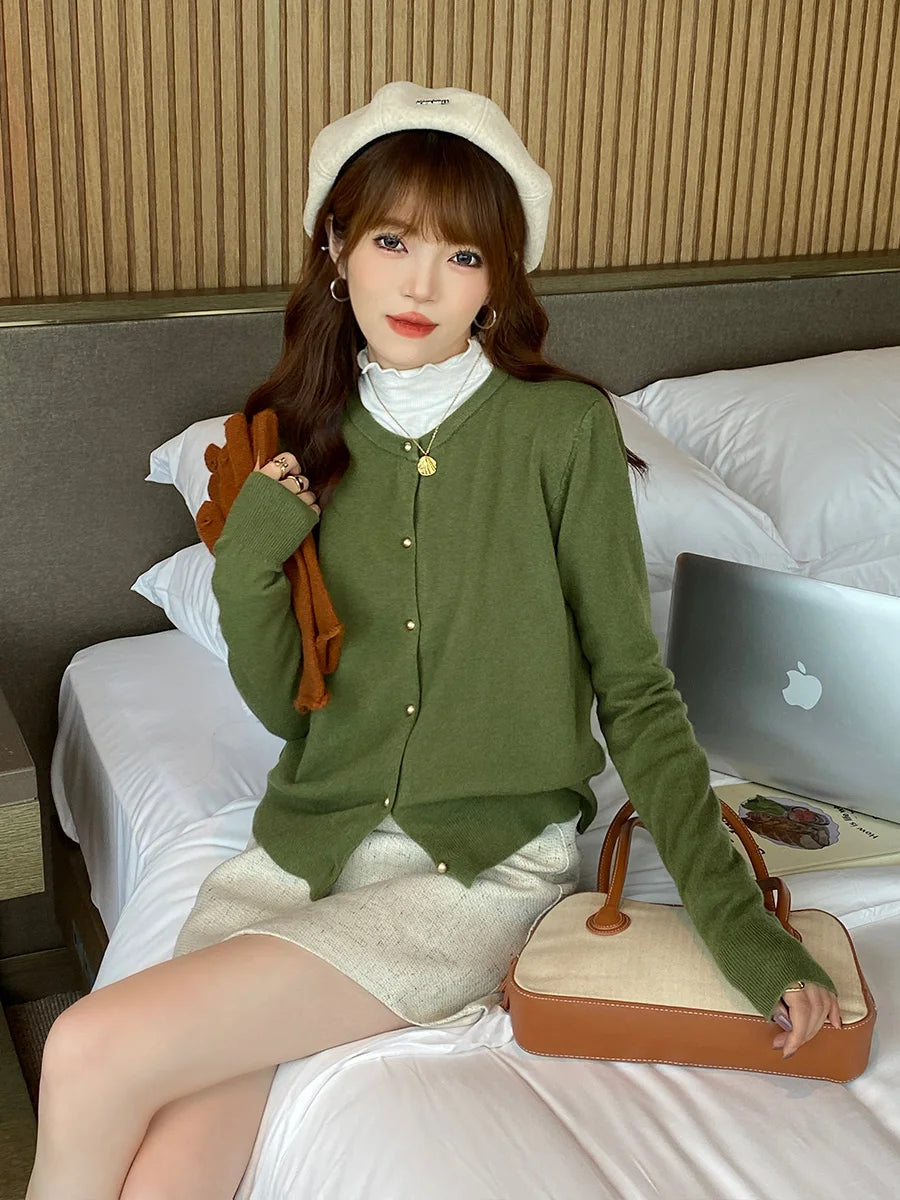 Solid Color Knitted for Women Cardigan Korean Single Breasted Long Sleeve Jumper Woman Round Neck All Match Cardigans Outwear - Matrix Studios