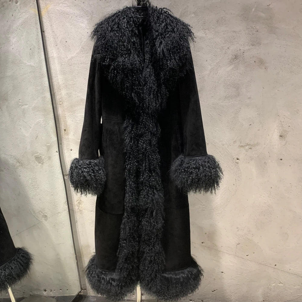 Suede Coat Fur Collar Women Autumn Genuine Sheepskin Coat Long with Mongfolian Fur Trim - Matrix Studios