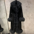 Suede Coat Fur Collar Women Autumn Genuine Sheepskin Coat Long with Mongfolian Fur Trim - Matrix Studios