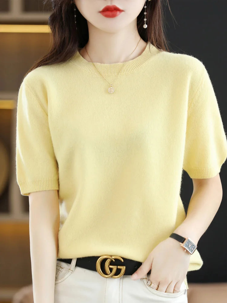 New Short-sleeved Knitwear Women O-neck T-shirt Wool Cotton Blend Pullover Vest Sprig Summer Bottoming Tops Sweater Solid Soft - Matrix Studios