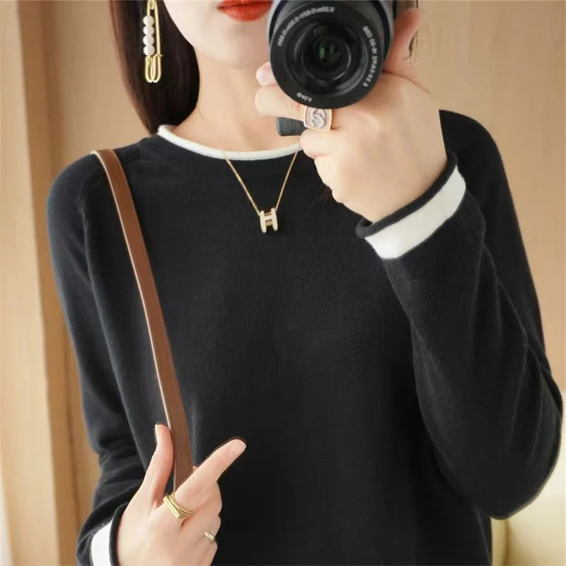 100% Cotton Knitwear Women's Round Neck Sweater Spring And Summer New Loose Color Matching Cotton And Linen Bottoming Shirt - Matrix Studios