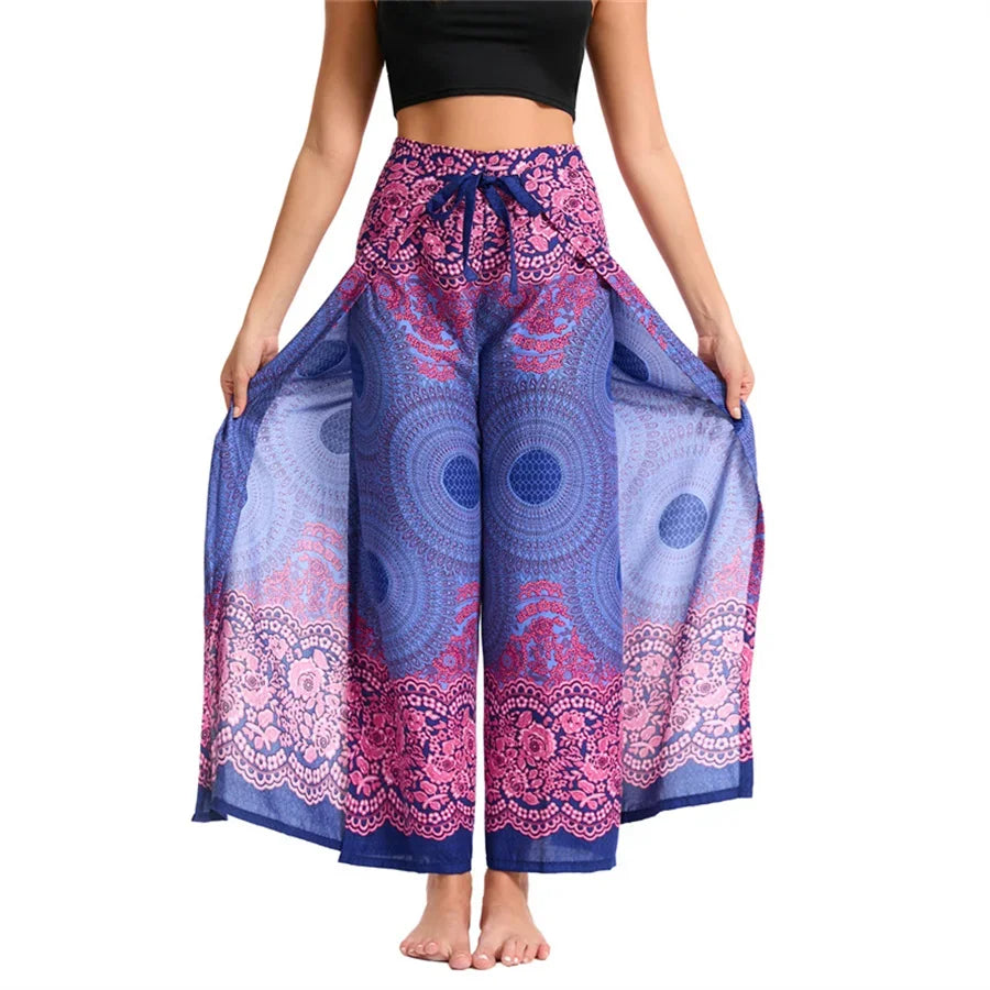 Women's Boho Palazzo Pants Wide Leg Yoga Wrap Tie Up Waistband Beach Cover Up Trousers Rayon Soft Breathable Loose Pants - Matrix Studios