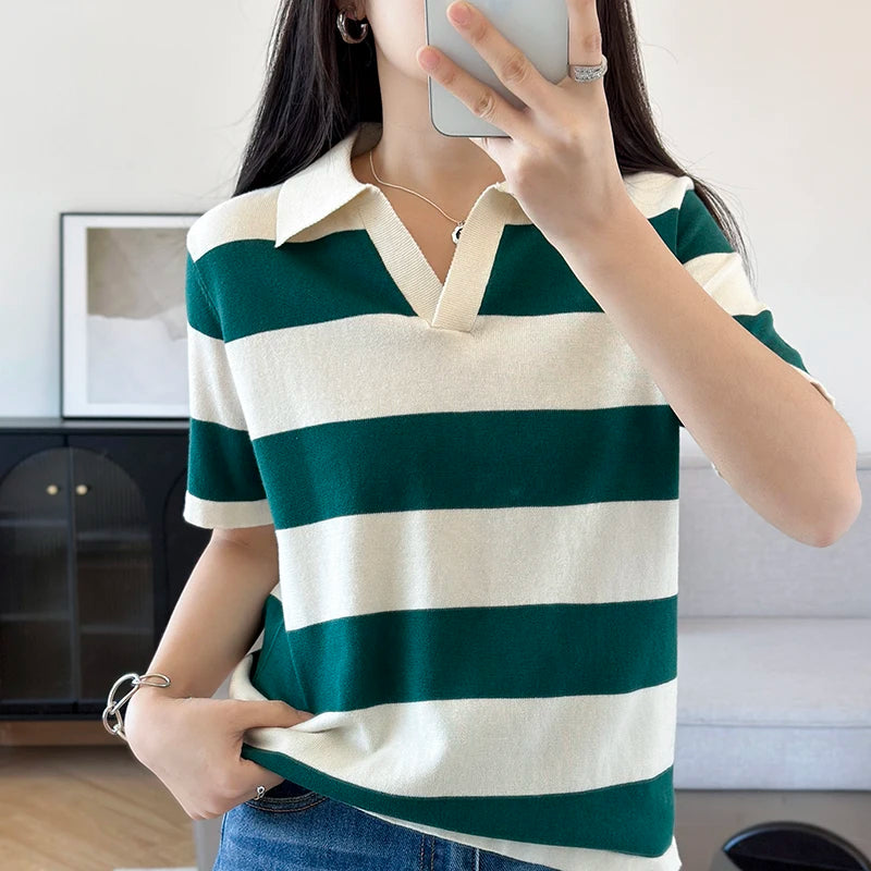 WinvyNee Summer Half Sleeved Women's Solid Polo Shirt Casual Cotton Striped Top T-shirt Women Clothing Casual Knitted A1002022 - Matrix-studios.com