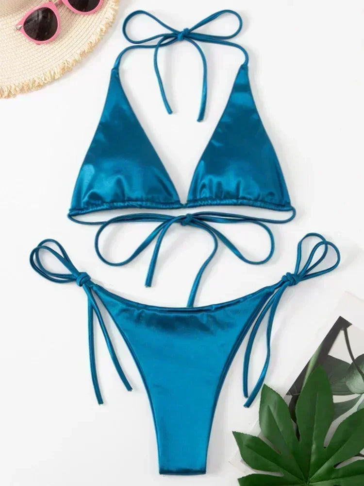 Halter Brazilian Metallic Satin Bikini Women Swimwear Female Swimsuit Two-pieces Bikini Set High Cut Bathing Suit Swim Beachwear - Matrix-studios.com