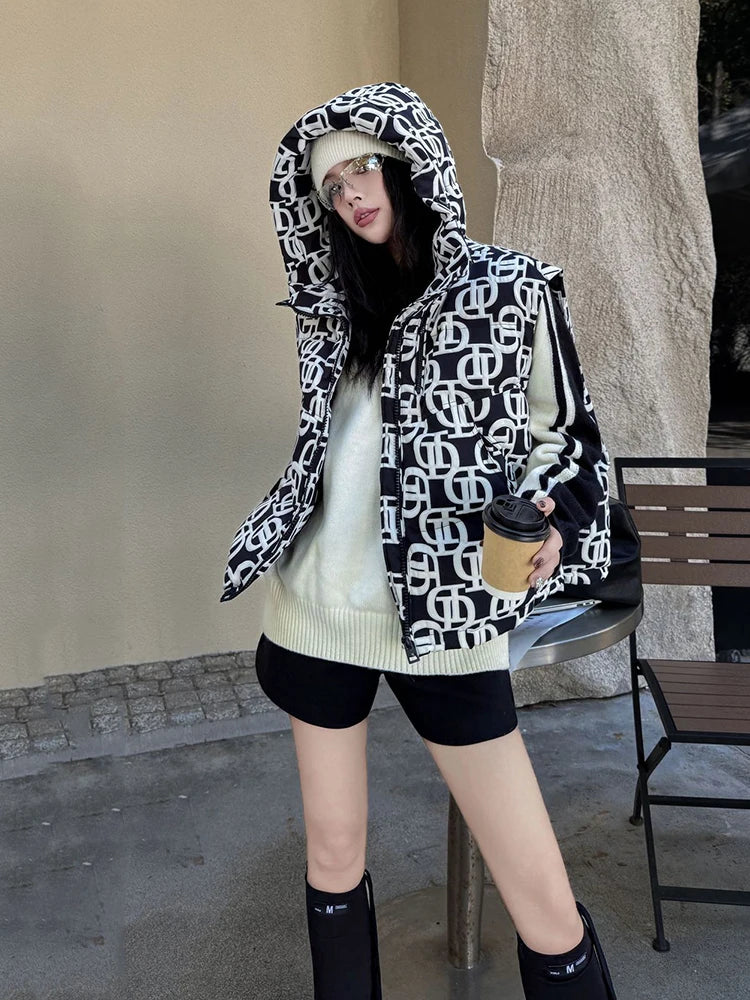 Autumn Winter Hooded Letters Printed Down Vest Women White Duck Down Sleeveless Casual Vests Female Warm Zipper Loose Waistcoats - Matrix Studios