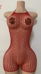 FAGADOER Sexy Hollow-out Rhinestone Patchwork Bodycon Rompers Woman Halter Sleeveless Backless Jumpsuits Female Party Clubwear - Matrix Studios