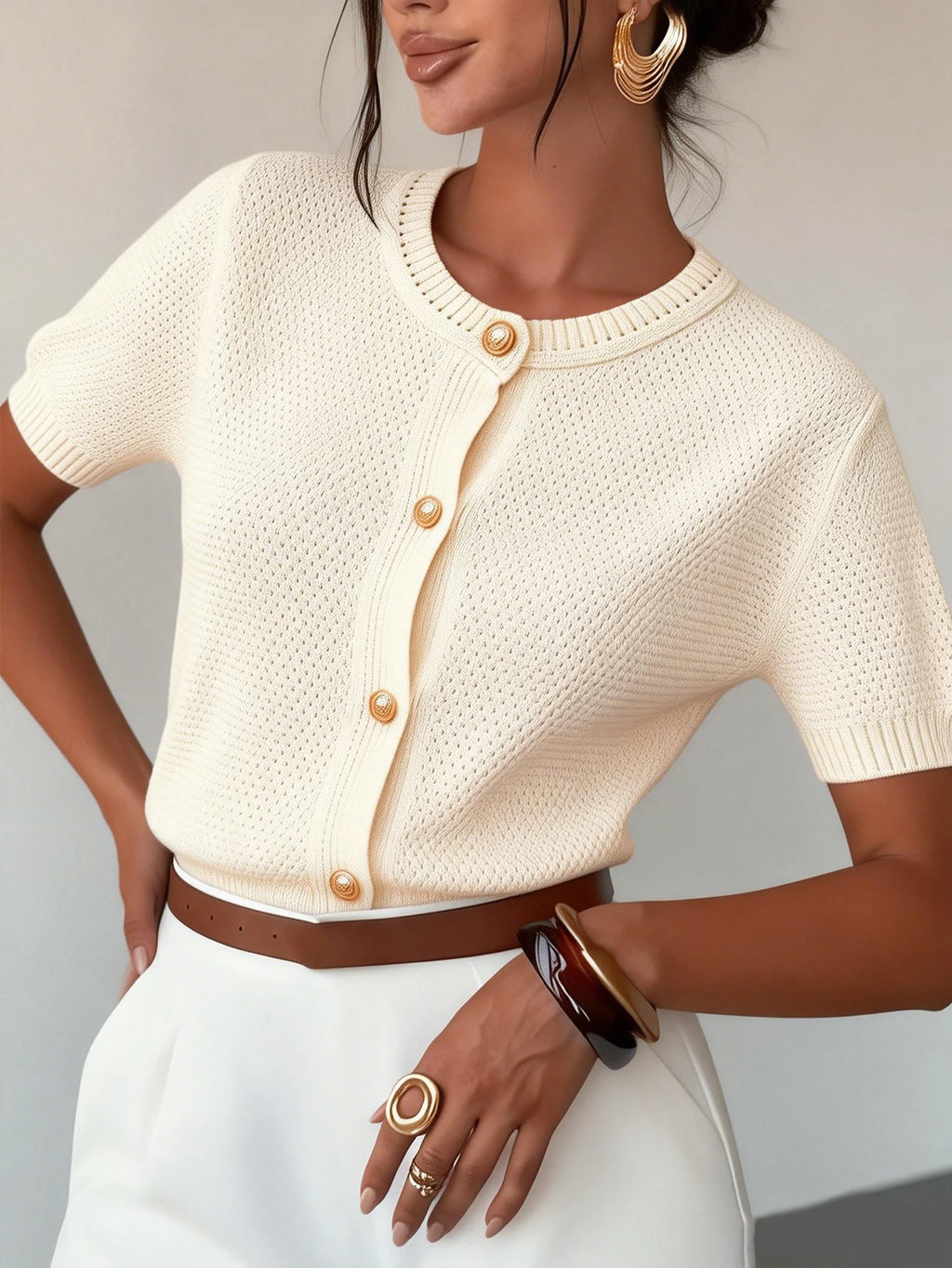 New Autumn, Spring, and Summer Niche Knit Cardigan for Women, Designed in a Lazy Style, Sweater Jacket, Beige Fitted Round-Neck Cardigan, Casual and Elegant Autumn/Winter Jacket, Basic Versatile Style for Urban Commuting, Sty - Matrix Studios