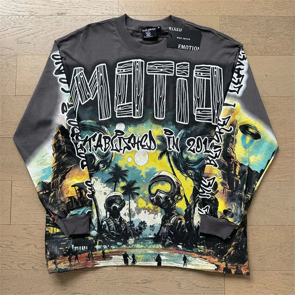 2026 New MIXED EMOTION Long Sleeve T-shirt Men Women High Street Full Print Best Quality Crewneck Hip Hop Oversized Tops - Matrix Studios