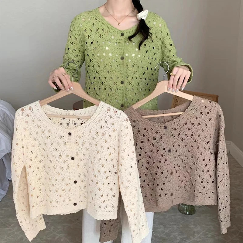 Long Sleeve Crochet Top for Women Sheer Button Up Hollow Out Openwork Knit Cardigan Jacket Spring Summer Boho Vacation Outfit - Matrix Studios