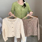 Long Sleeve Crochet Top for Women Sheer Button Up Hollow Out Openwork Knit Cardigan Jacket Spring Summer Boho Vacation Outfit - Matrix Studios