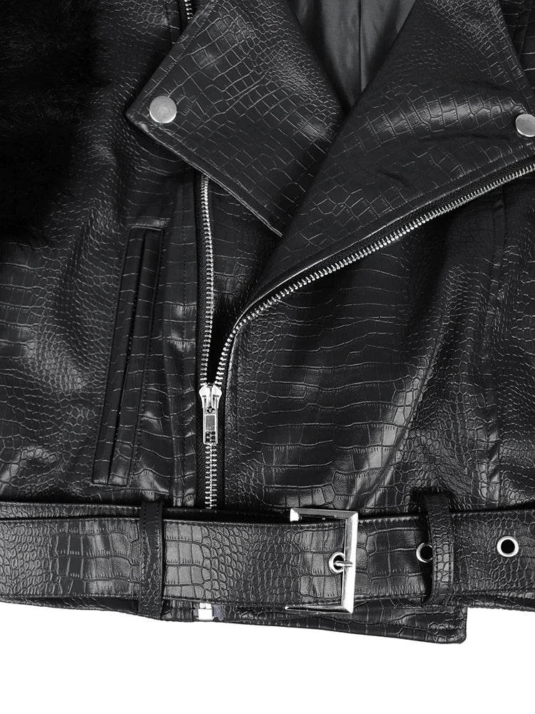 DEAT Fashion Faux Fur Patchwork PU Leather Motorcycle Jacket  Women's Lapel Zipper Sahses Short Jacket Autumn Winter New 7A2267 - Matrix Studios