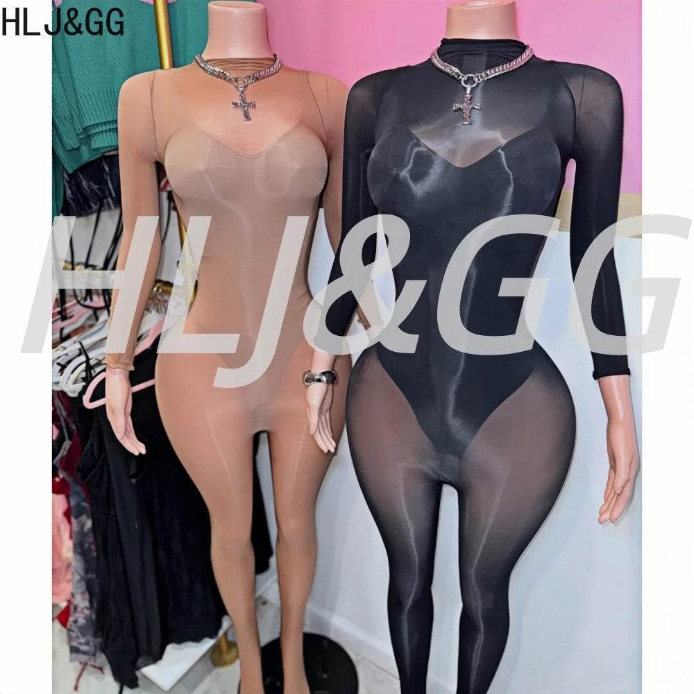 HLJ&GG Sexy Mesh See Through Bodycon Jumpsuits And Bodysuits Suits Women Long Sleeve Stretchy Playsuits Party Night Club Overall - Matrix Studios
