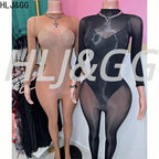 HLJ&GG Sexy Mesh See Through Bodycon Jumpsuits And Bodysuits Suits Women Long Sleeve Stretchy Playsuits Party Night Club Overall - Matrix Studios