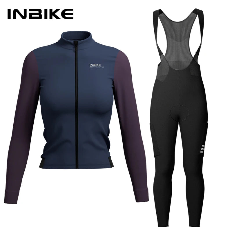 INBIKE Warm Thermal Cycling Jersey Set for Women Comfortable Fleece Road Bike Bib Pants Windproof Road MTB Clothing with Pockets - Matrix-studios.com