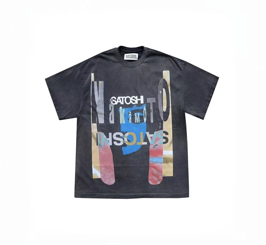 New SATOSHI Vintage Washed Inverted Letter Print Casual Loose Round Neck Short Sleeved Street Cotton Versatile Oversize T-shirt - Matrix-studios.com