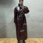 Women Cropped PU Leather Jacket Stand Collar Wide Flare Sleeve Asymmetrical Wrap Open Front Coat 2026 Autumn Chic Loose Jackets - Matrix Studios