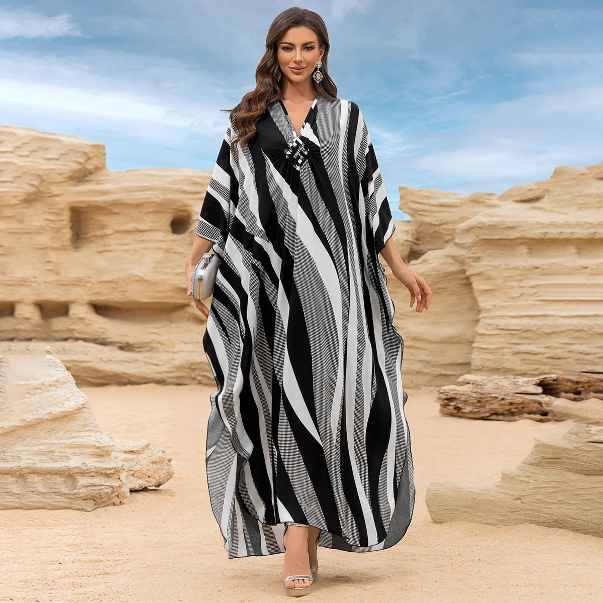 Kaftan Dresses for Women Wave Neck Swimsuit Cover Up Caftan Dress Plus Size Oversized Long Beach Dress - Matrix Studios