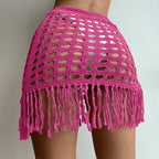 Women Knitted Sarongs Cover-Ups Solid Color Hollow-Out See-Through Tassel Mini Beach Skirts Summer Drawstring Slit Swimsuit - Matrix Studios