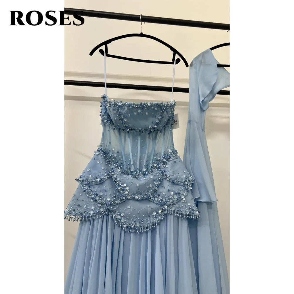 ROSES Sky Blue فساتين السهرة Strapless Gala Dress Pleat Beading A-line Prom Dress with Shawl Formal Dress Customized - Matrix Studios