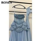 ROSES Sky Blue فساتين السهرة Strapless Gala Dress Pleat Beading A-line Prom Dress with Shawl Formal Dress Customized - Matrix Studios