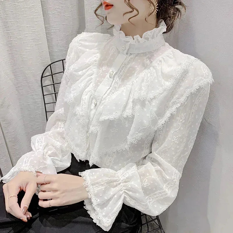Long Sleeve Loose Spring Fashion Button White Shirt Elegant Stand Collar Pleated Tops Casual Ruffle Lace Blouse Blusas 15832 - Matrix-studios.com
