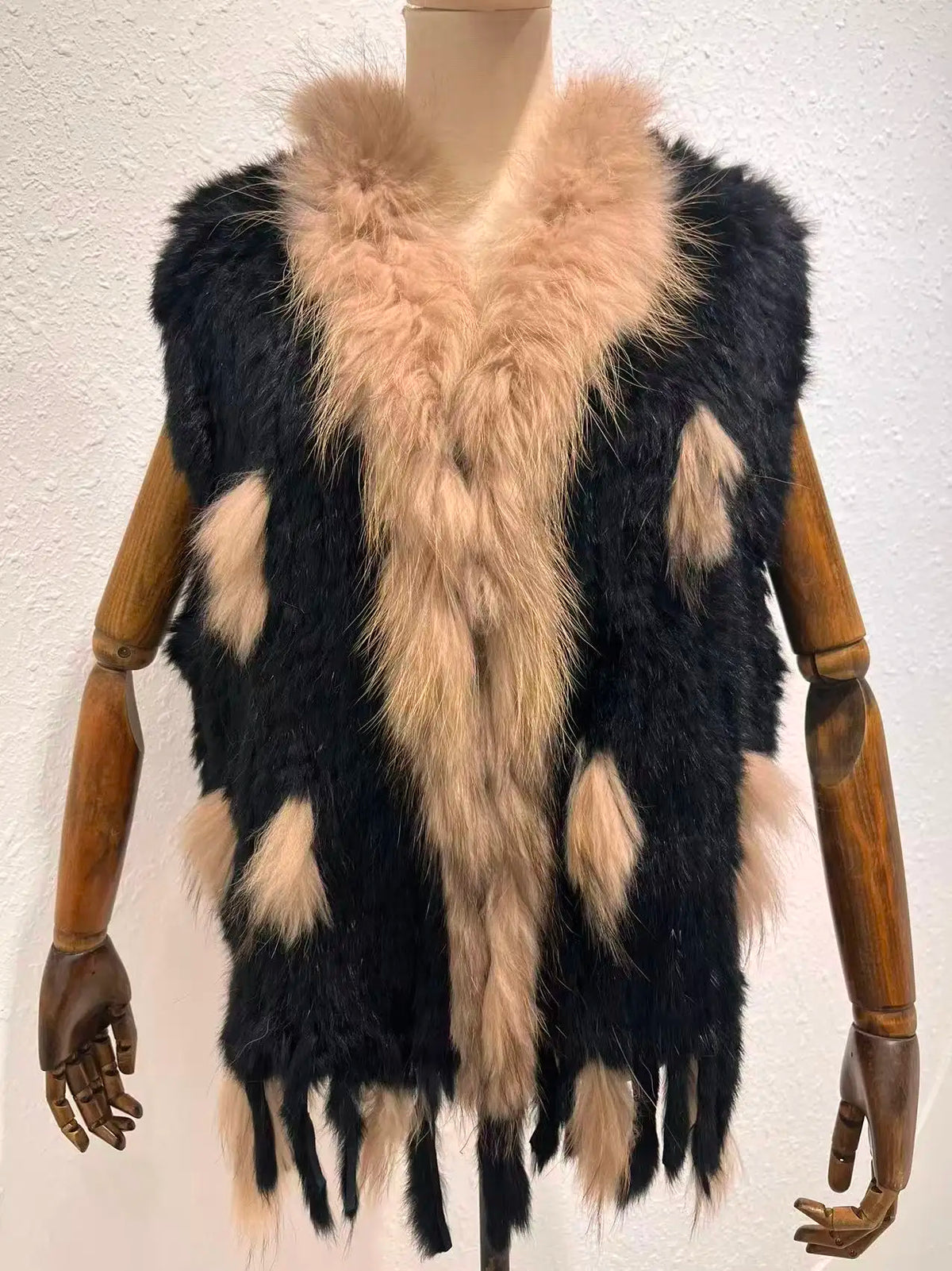 Harppihop womens natural real rabbit fur vest with raccoon fur collar waistcoat/jackets rex rabbit knitted winte - Matrix Studios