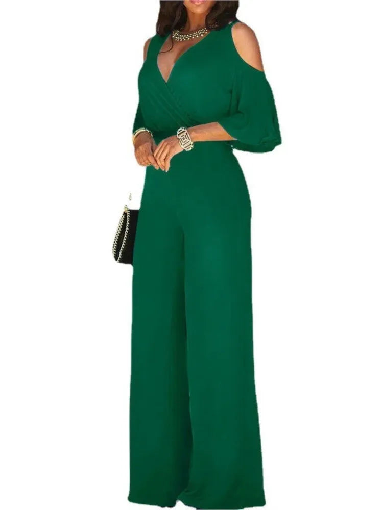 Spring Summer Solid Color Women Sexy Deep V Neck Short Sleeve Rompers Fashion Slim Fit Lace Up Elegant Female Wide Leg Jumpsuit - Matrix Studios