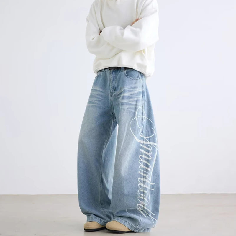 Autumn Men's Letter Printed Straight-Leg Baggy Jeans Hip Hop Fashion Washed Denim Pantalones American Retro Y2K Streetwear Jean - Matrix Studios