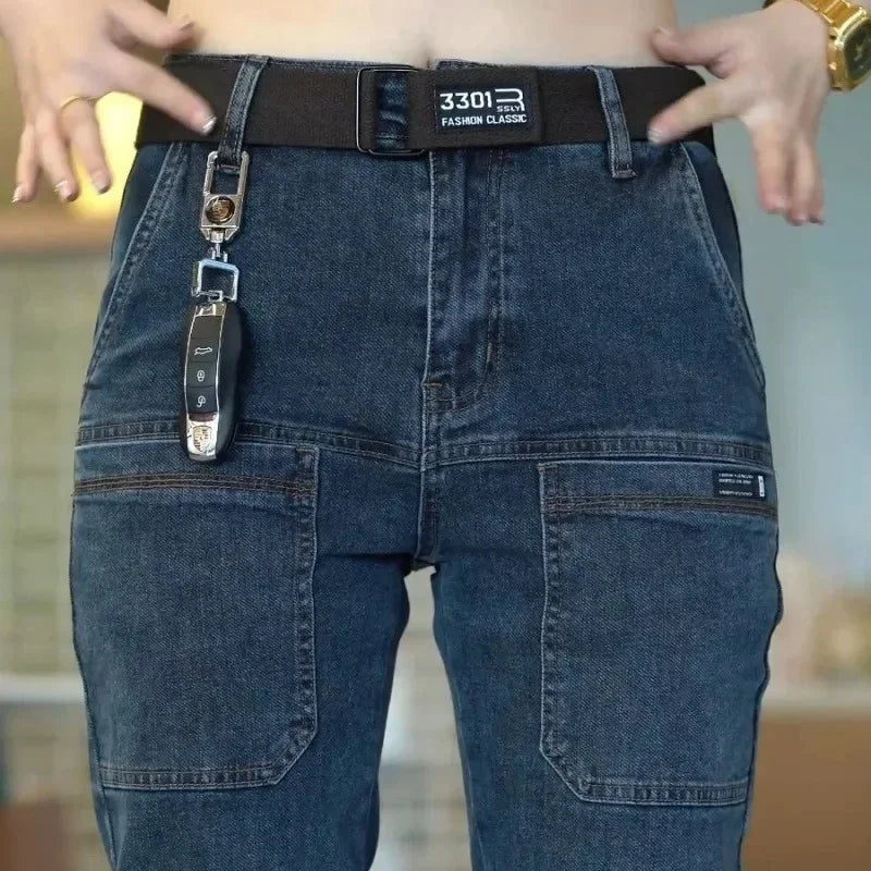 Spring Summer Thin Six Pocket Men's Jeans Elastic Straight Leg Casual Slim Fit Jeans Versatile Multi-Pocket Long Y2K Denim Pants - Matrix Studios