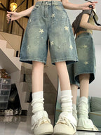 Women High Waist American Retro Washed Wide Leg Jeans Girls Street Do Old Star Loose Denim Pants Female Blue Knee Length Shorts - Matrix-studios.com