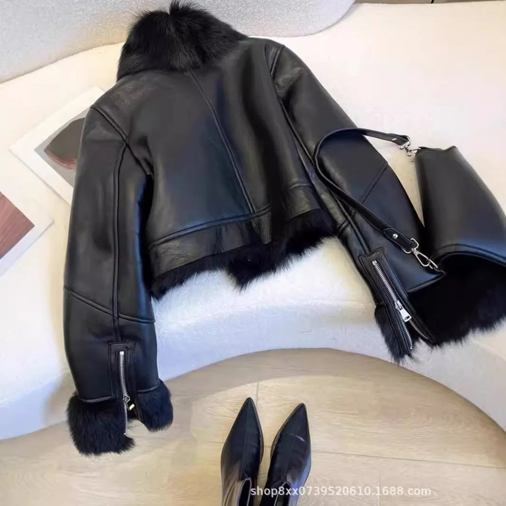 Faux PU Leather Coats Women Fur Collar Coat Thick Warm Short Jackets Spring Streetwear Button Open Stitch Jacket Autumn Winter - Matrix Studios