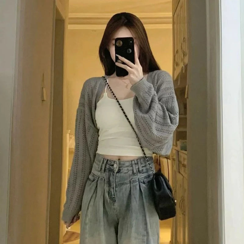 Autumn New Y2K Shrug Long Sleeve Cardigan for Women Korean Fashion Hollow Out Knitted Coat Harajuku Loose Lightweight Shawl Tops - Matrix Studios