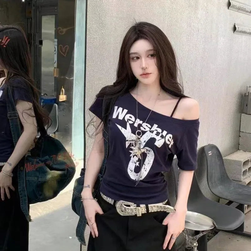 Y2k Sport Summer Off shoulder Top Women Sexy Vintage 2000s Short sleeve T shirt Lady Body Basic Crop Top Female Casual - Matrix-studios.com