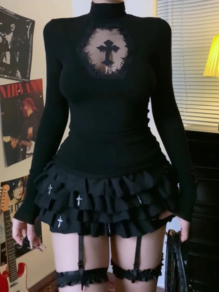Turtleneck Top Y2k Clothes Black Gothic Cross Hollow Slimming Bottom T Shirt for Women Long Sleeve Sexy T-shirt Girls Tops - Matrix-studios.com