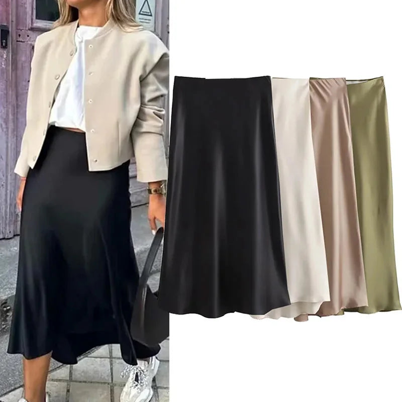 Willshela 2024 Black Satin Skirt Woman High Waist Elegant Long Skirts For Women Fashion Summer Midi Skirt Office Women's Skirts - Matrix-studios.com