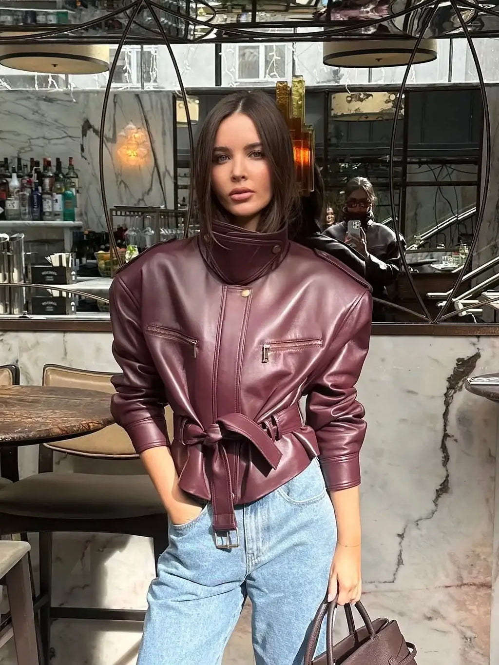 Women Solid Burgundy Waist Cinching Jacket Fashion Lace Up Stand Collar Zipper Bucket Short Jackets 2026 Lady High Street Coat - Matrix Studios