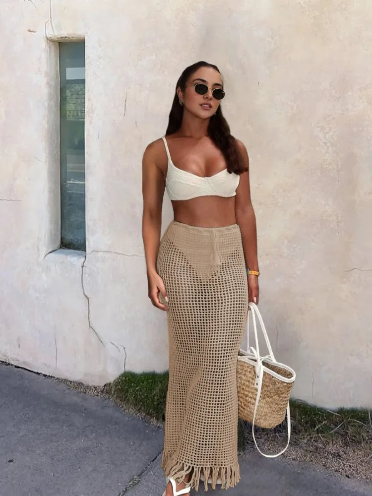 Sexy Summer Knit Cut Out Beach Half Skirt Women Chic Drawstring Fringed Casual Wrap Skirts 2026 Pool Party Swimwear Cover Up K50 - Matrix Studios