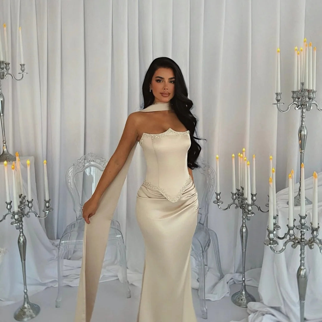 Bella Customized White Long Silk Scarves Mermaid robes de soirée Strapless Backless Party Dresses Floor-Length Prom Dress 2025 - Matrix-studios.com
