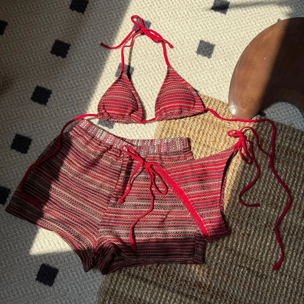 Sexy Knitted Striped Halter Tie Bikinis Sets Three Pieces with Shorts Swimsuits Beachwear Bathing Suit Swimwear Biquini Tankini - Matrix-studios.com