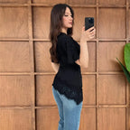 MUJER Asymmetric Lace T Shirts Woman Short Sleeve Polo Women T-shirts Summer Casual Tops for Women Holiday Funny Women's T-shirt - Matrix-studios.com