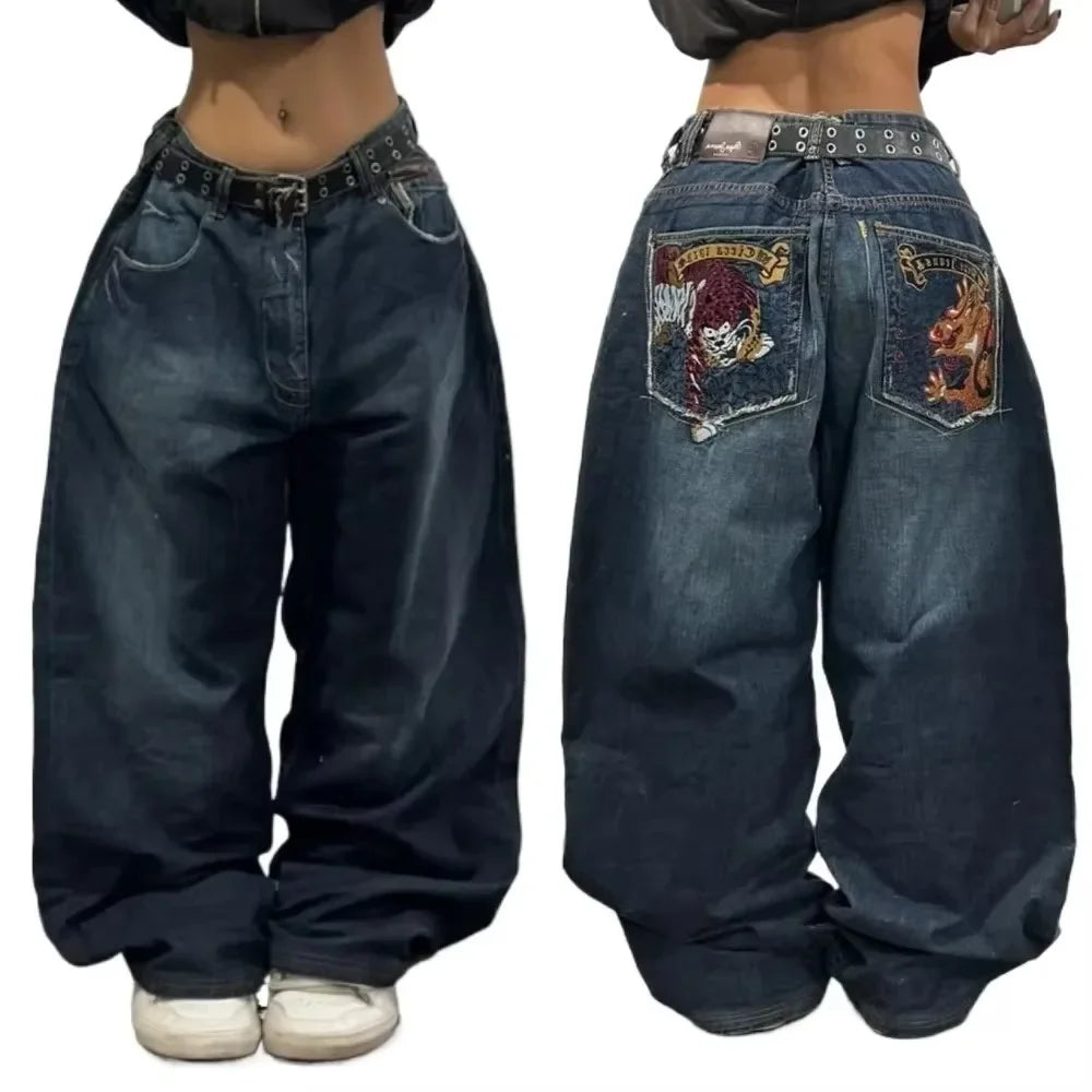 Y2K Hip-hop Stitching Fashion Joker Retro Jeans Female Korean Casual Simple Dress Essential Wide-leg Pants Loose  Joker Overalls - Matrix-studios.com